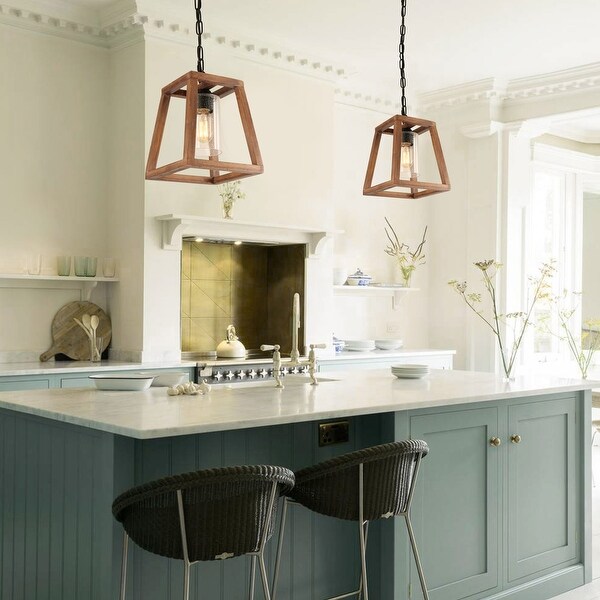 Anmytek Pendant Light Farmhouse Kitchen Wood Chandelier Rustic Hanging Ceiling Light Fixture