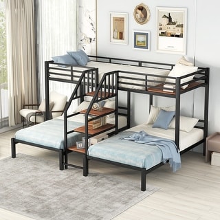 Triple Bunk Bed with Storage Shelves Staircase, Heavy-Duty Metal Frame, 3 Beds in 1 Twin Over Twin&Twin, Space Saving Design