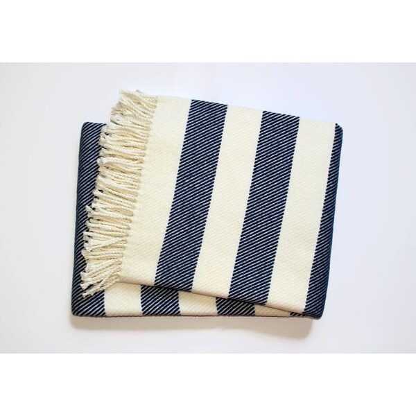 Cream and Navy Blue Slanted Stripe Fringed Throw Blanket