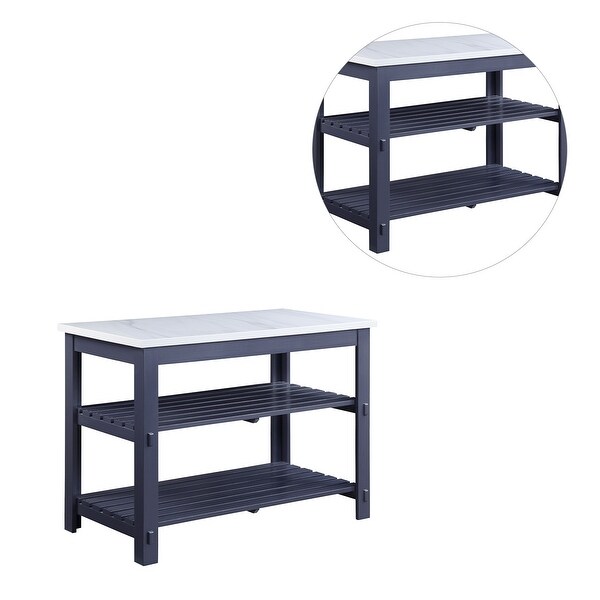Marble Top Kitchen Island with 2 Open Shelves in White and Gray