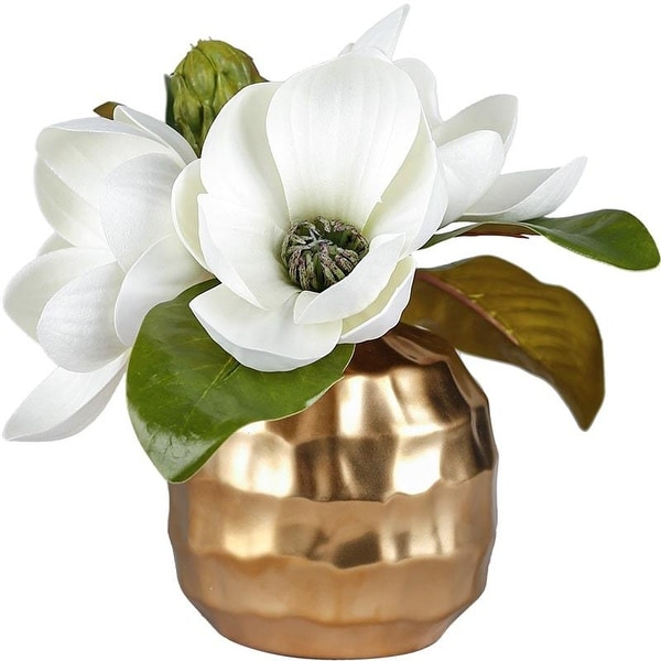 FloralGoods Artificial Magnolia Flower in Metal Gold Vase 8.6" Tall