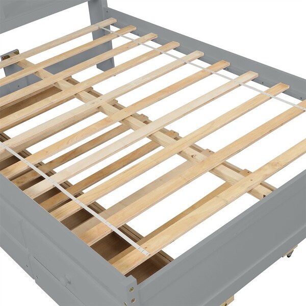 Full Size Pine Wood Platform Bed with Twin Size Trundle Bed, Storage Headboard and Drawers