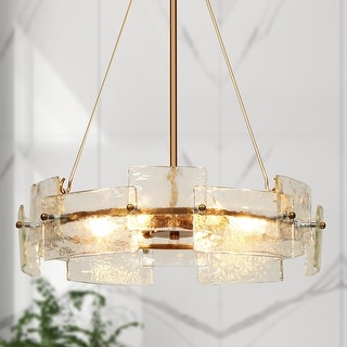 Modern Glam Gold 6-Light Drum Chandelier Glass Pendant Light for Dining Room - D 20.5" x H 24"