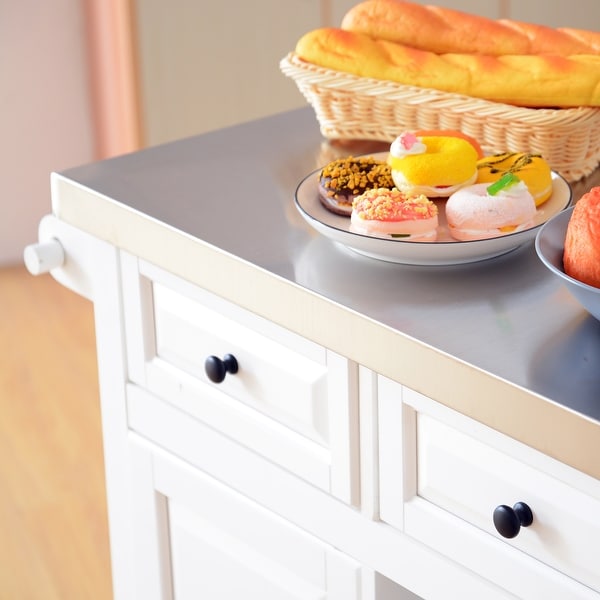 HomCom 51" x 18" x 36" Pine Wood Stainless Steel Portable Multi-Storage Rolling Kitchen Island Cart With Wheels - White