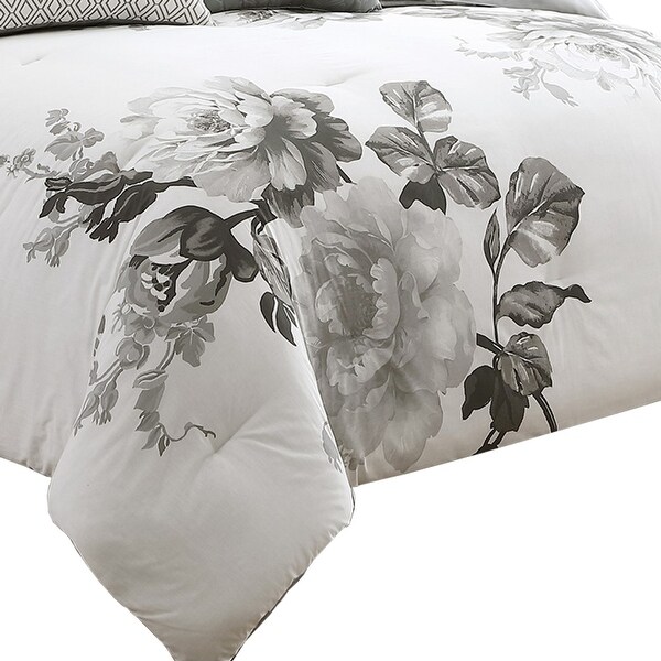 7 Piece Cotton King Comforter Set with Floral Print, Gray and White