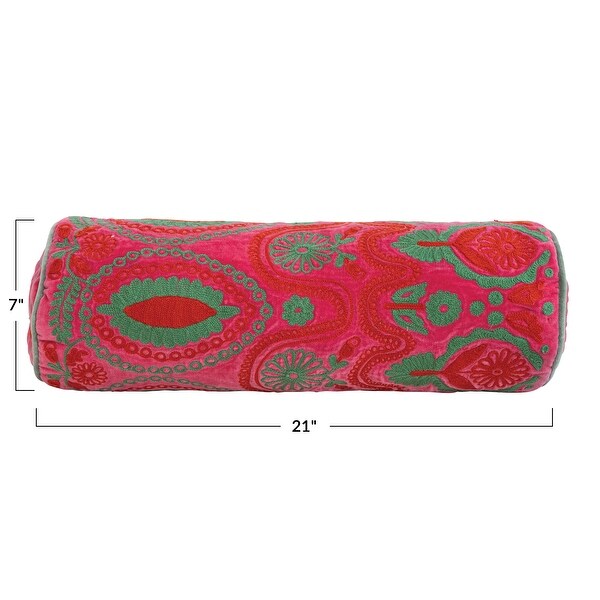 Cotton Velvet Bolster Pillow with Floral Embroidery