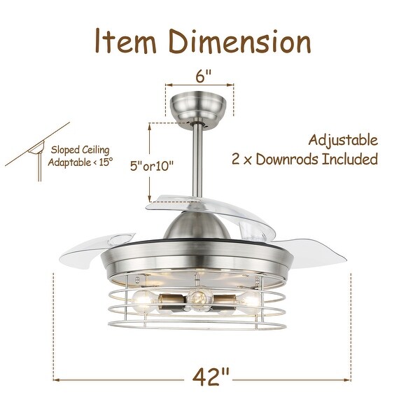 Bella Depot 42" Black Industrial Metal Retractable Ceiling Fan with Remote Control and Light Kit