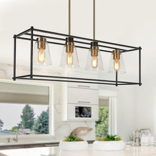 Modern Linear Chandeliers Black Gold Dimmable Geometric Ceiling Lights with Glass Shade - 33.5" L x 10" W x 75" H