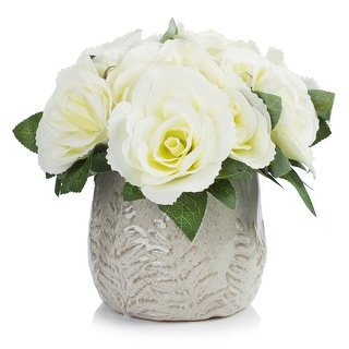 Enova Home Artificial Velvet Roses Faux Silk Flowers Arrangement in Round Tapered Ceramic Pot for Home Wedding Decoration