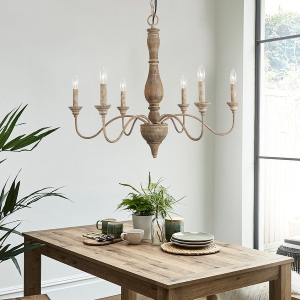 French Country 6-Light Rustic Wood Chandelier Modern Farmhouse Hanging Lights - L29.5 XW 29.5 XH 24.4