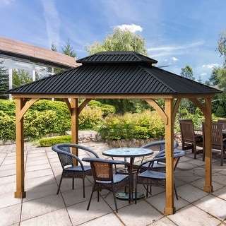 Aoodor Patio Solid Wooden Gazebo 10 x 12 ft. Hardtop Roof 2 - Tier for Garden, Black Canopy