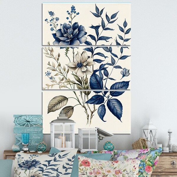 Designart "Dark Indigo Flower In Retro Colors III" Floral Canvas Art Print - 3 Panels