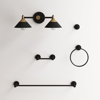 Nathan James Richie Vintage 2-Light Bathroom Light Fixture with Black Shades and 4-Piece Metal Bathroom Accessory Set