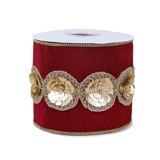 HGTV Home Collection Sequin Trim Velour Velvet Ribbon, Burgundy, 4 in - 4 in