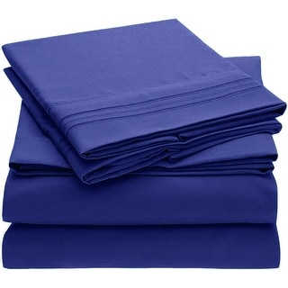 4 PC Dark Blue Sheet Set 2000 Embroidery Soft Cozy 12" Deep Pocket