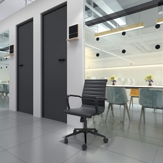 Black Designer Mid Back Office Chair: Ribbed PU Leather, Swivel Tilt, Conference Room, Desk Task Chair