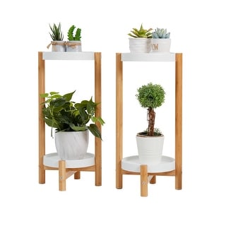 Corner 2-Tier Bamboo Plant Stand Flower Pot Nordic Style White Shelves Pack of 2