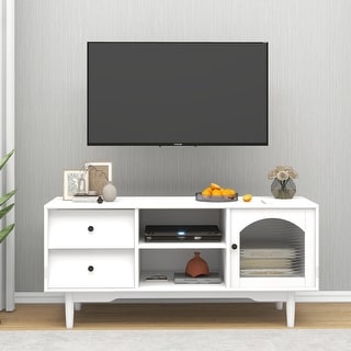 White TV Stand with Drawers and Open Shelves, A Cabinet with Glass Doors for Storage