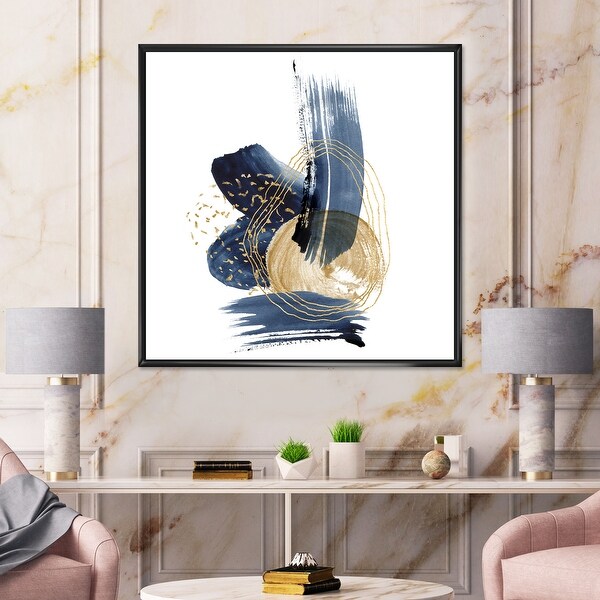 Designart "Landscape of Dark Blue Mountains & Gold Strokes II" Modern Framed Canvas Wall Art Print