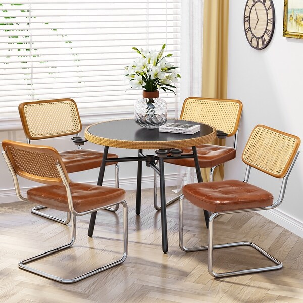 Rattan Dining Chair Set of 2/4 Faux Leather Upholstered Comfy Chair Cane Backrest Side Chairs