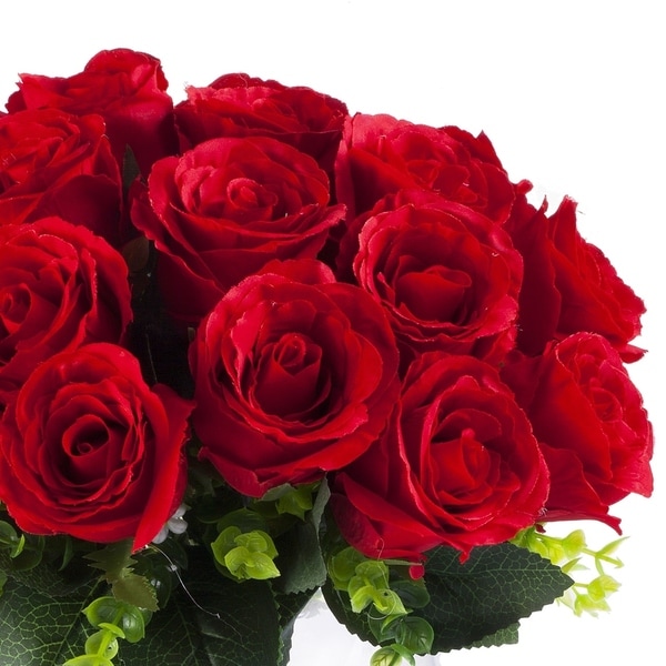 Enova Home Artificial 18 Heads Silk Roses Fake Flowers Arrangement in Clear Glass Vase with Faux Water for Home Office Decor