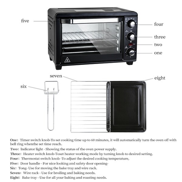 Black Stainless Steel 1200W Countertop Toaster Oven with 20Litres Capacity and Timer-Bake-Broil-Toast Control Setting
