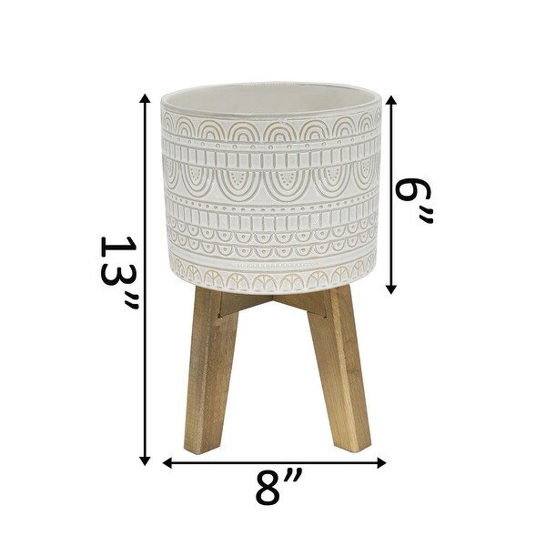 Aqueduct Ceramic Planter On Wood Stand - Cream