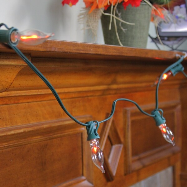 10 Flickering Amber Flame C7 Halloween Lights - 9 ft Black Wire