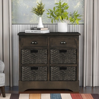 Rustic Storage Cabinet with Two Drawers, Four Classic Rattan Basket Storage Shelves, Bookcases with Rubber Pads at the Bottom