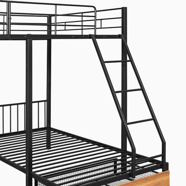 Full Over Twin and Twin Metal Triple Bunk Bed with Drawers and Guardrails