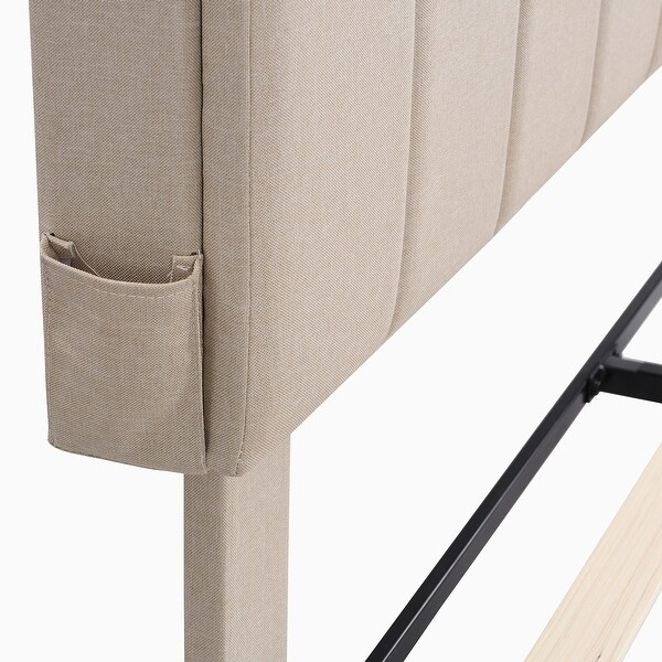 Full Size Linen Fabric Upholstered Platform Bed with Storage Headboard and USB Port