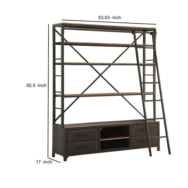 Wood and Metal Bookshelf with Built In Sliding Ladder, Gray and Brown