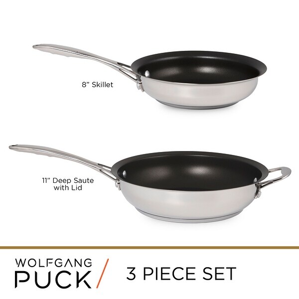 Wolfgang Puck 3-Piece Stainless Steel Skillet Set, Scratch-Resistant Non-Stick Coating, Includes a Large and Small Skillet