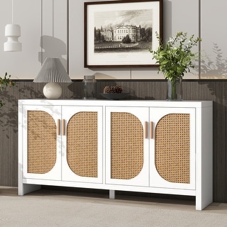 Modern Storage Sideboard with Rattan Doors, 4-Door Buffet