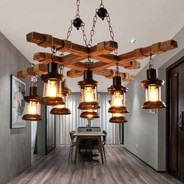8-Light Farmhouse Wood Pendant Lighting Fixture - L39.4xH11.82 inches