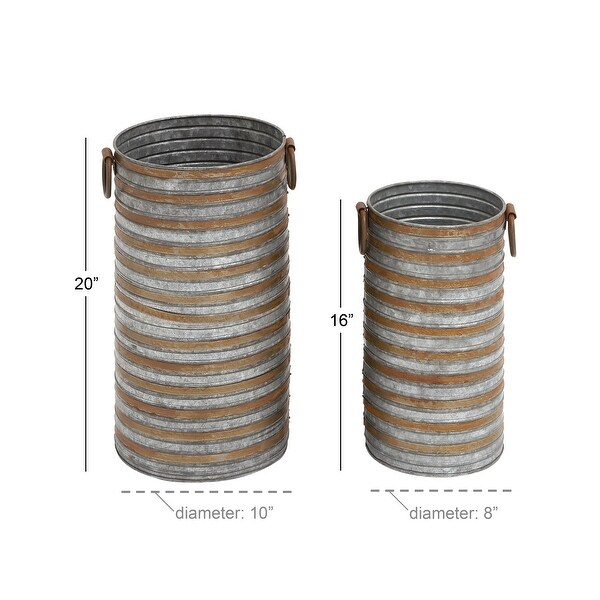 Grey / Brown Striped Iron Metal Rustic Farmhouse Cylinder Planter (Set of 2) - S/2 20" 16"H