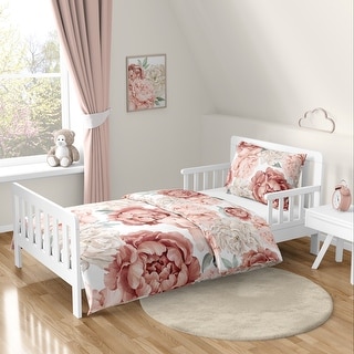Boho Shabby Chic Floral Girl Toddler Comforter Set Ivory Bohemian Vintage Garden Watercolor Flower Nature Elegant Dusty Rose 5pc