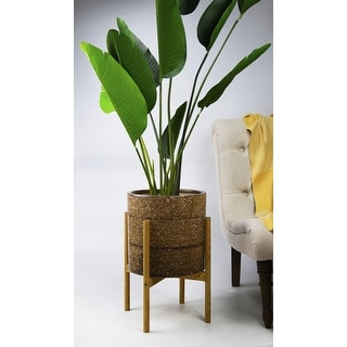 UPshining 13'' Extra Large Mid-Century Modern Ceramic Planter Rustic Brown With Wood Stands