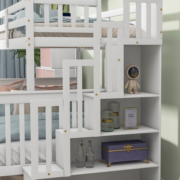 Twin Over Full Bunk Bed with 2 Drawers and Staircases, Convertible into 2 Beds, the Bunk Bed with Staircase and Safety Rails