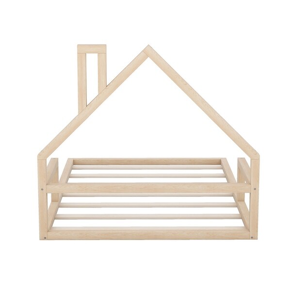 Twin/Full Bed Frame for Kids, Wood Platform Bed with House Shape Headboard, Floor Platform Bed for Girls Boys