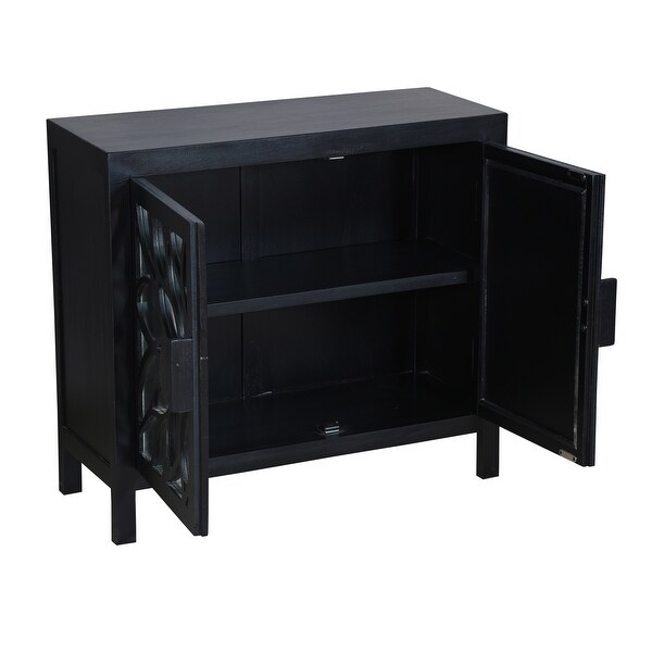 32 Inch Rustic Accent Storage Sideboard Cabinet with Flower Design Mirrored Front, 2 Doors, Black