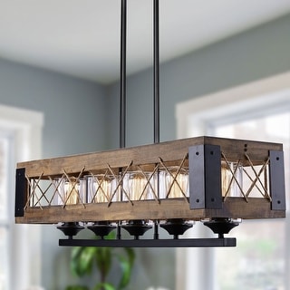 Farmhouse 5-Light Rectangle Rope Linear Wood Kitchen Island Chandelier for Dining Room