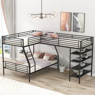 L-shaped Metal Twin over Full Bunk Bed and Twin Size Loft Bed with Four Built-in Shelves & Full-length Guardrail, 3 Beds in 1