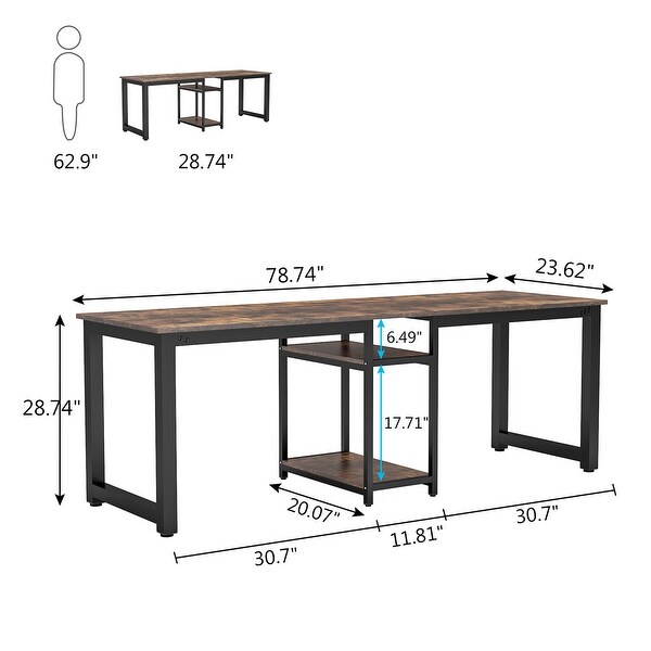 White 78 Inches Rectangle Computer Desk Double Workstation, Two Person Office Desk with Shelves