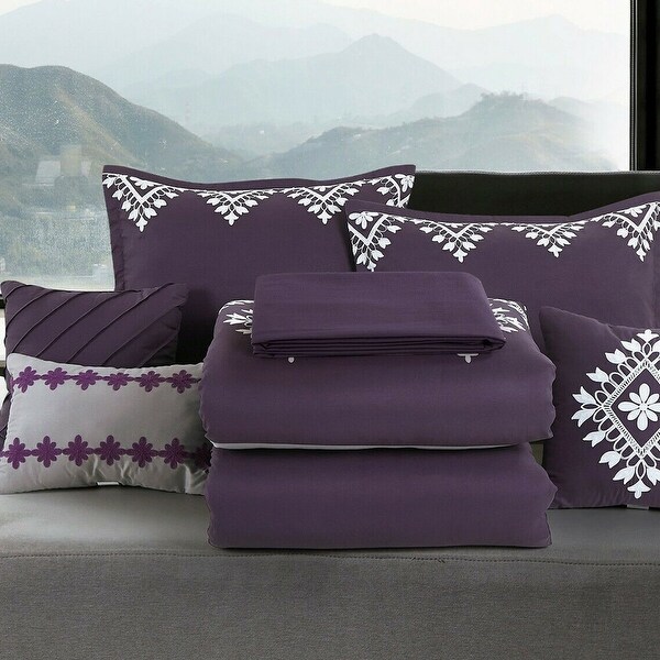 7 Piece Comforter Set Embroidered Design Microfiber Queen Purple Grey