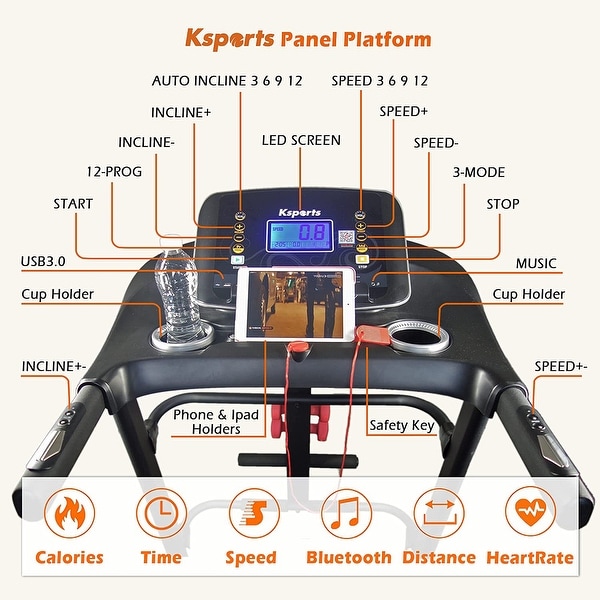 Ksports 16.5 In Wide Foldable Home Treadmill w/ Bluetooth & Fitness Tracking App