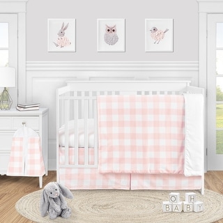 Pink Buffalo Plaid Check Girl 4-piece Nursery Crib Bedding Set - Blush and White Shabby Chic Woodland Rustic Country Farmhouse