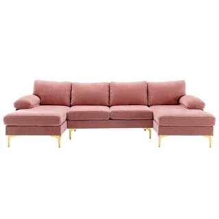 Modern U-shaped Fabric Upholstered Sofa Sectional Sofa Living Room Pillow Top Arms Sofa with Chaise & Gold Metal Feet Support
