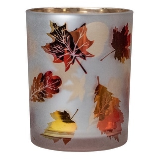 5" Matte White and Gold Autumn Leaves Flameless Glass Candle Holder