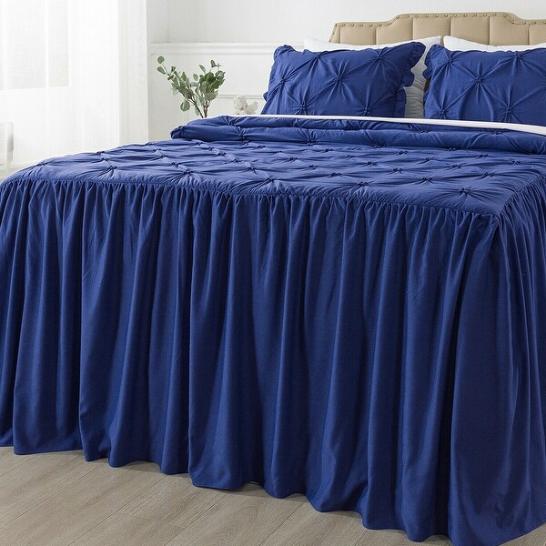 4 Piece Pinch Pleat Style Ruffle Skirt Bedspread Queen Navy